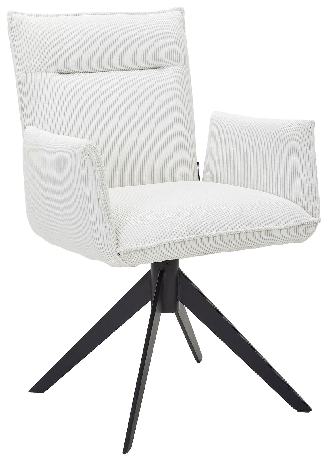 Johann Jakob Armlehnstuhl CALAS Weißer Armlehnstuhl mit gestreiftem Stoffbezug und schwarzem Metallgestell, seitliche Perspektive