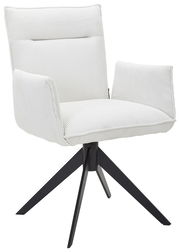 Weißer Armlehnstuhl mit gestreiftem Stoffbezug und schwarzem Metallgestell, seitliche Perspektive