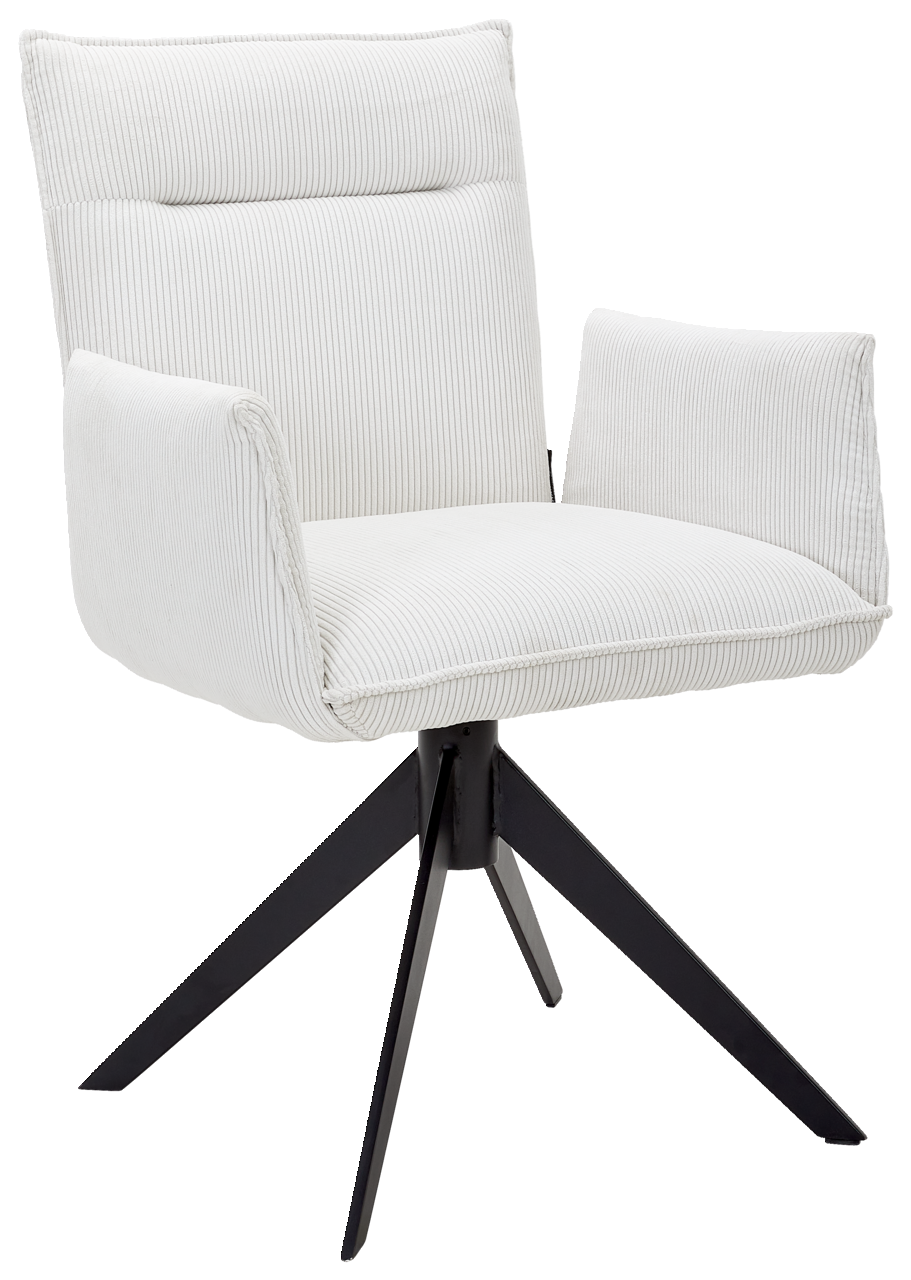 Johann Jakob Armlehnstuhl CALAS Weißer Armlehnstuhl mit gestreiftem Stoffbezug und schwarzem Metallgestell, seitliche Perspektive