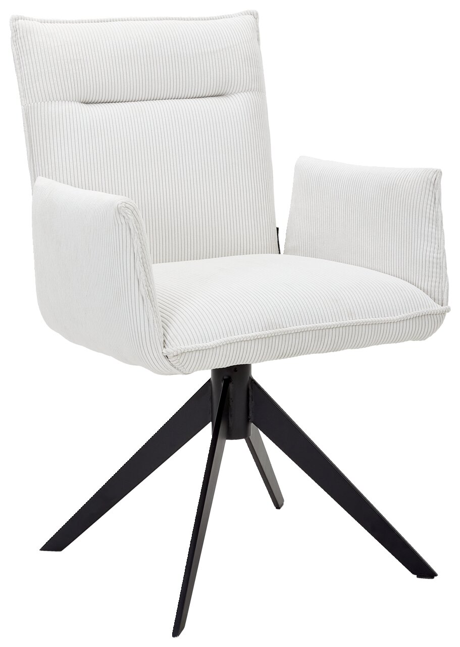 Johann Jakob Armlehnstuhl CALAS Weißer Armlehnstuhl mit gestreiftem Stoffbezug und schwarzem Metallgestell, seitliche Perspektive