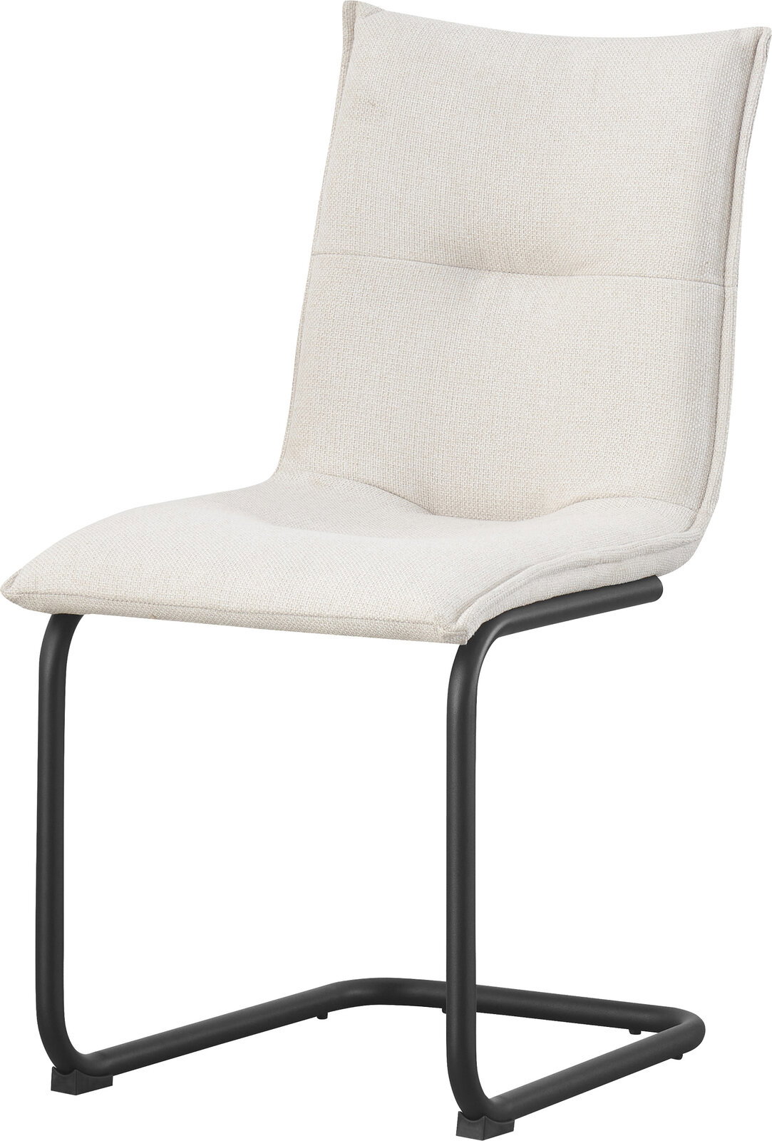 Beiger Polsterstuhl mit hoher Rückenlehne und schwarzem Metall-Kufengestell, schräg von vorne links freigestellt auf weißem Hintergrund