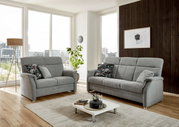 Graues 2er-Sofa in modernem Wohnzimmer, seitliche Perspektive