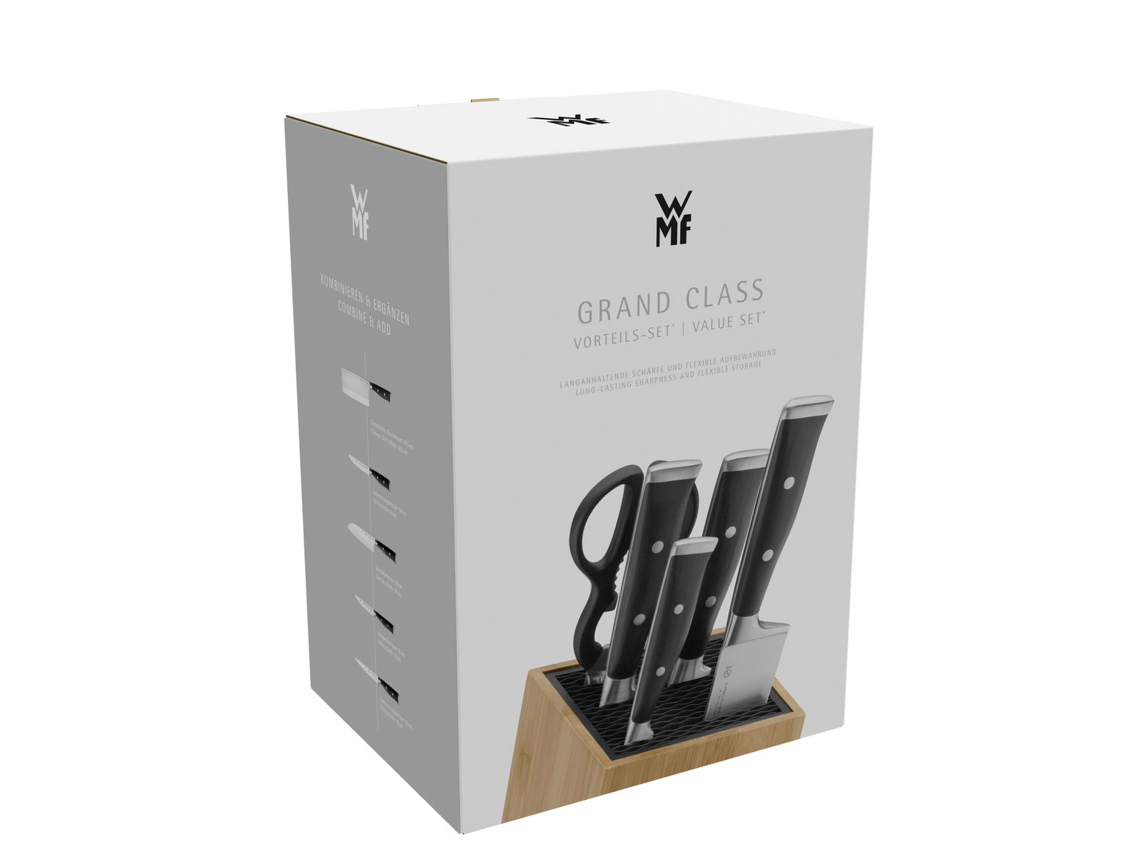 Verpackung eines Messerblocks aus Bambus mit mehreren Messern und einer Schere, seitliche Perspektive