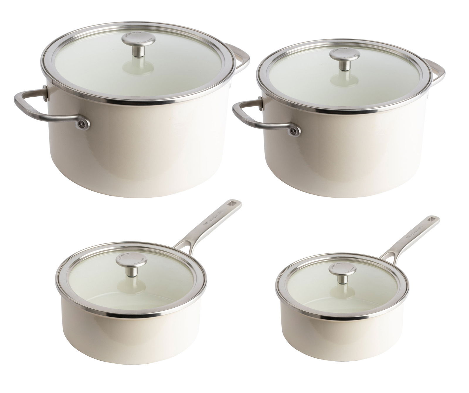 KitchenAid Topfset 4-tlg. COOKWARE Vier-teiliges Topfset in Mandelweiß, bestehend aus zwei großen Töpfen mit Griffen und zwei kleineren Töpfen mit langen Stielen, alle mit Glasdeckeln, aus der Vogelperspektive.