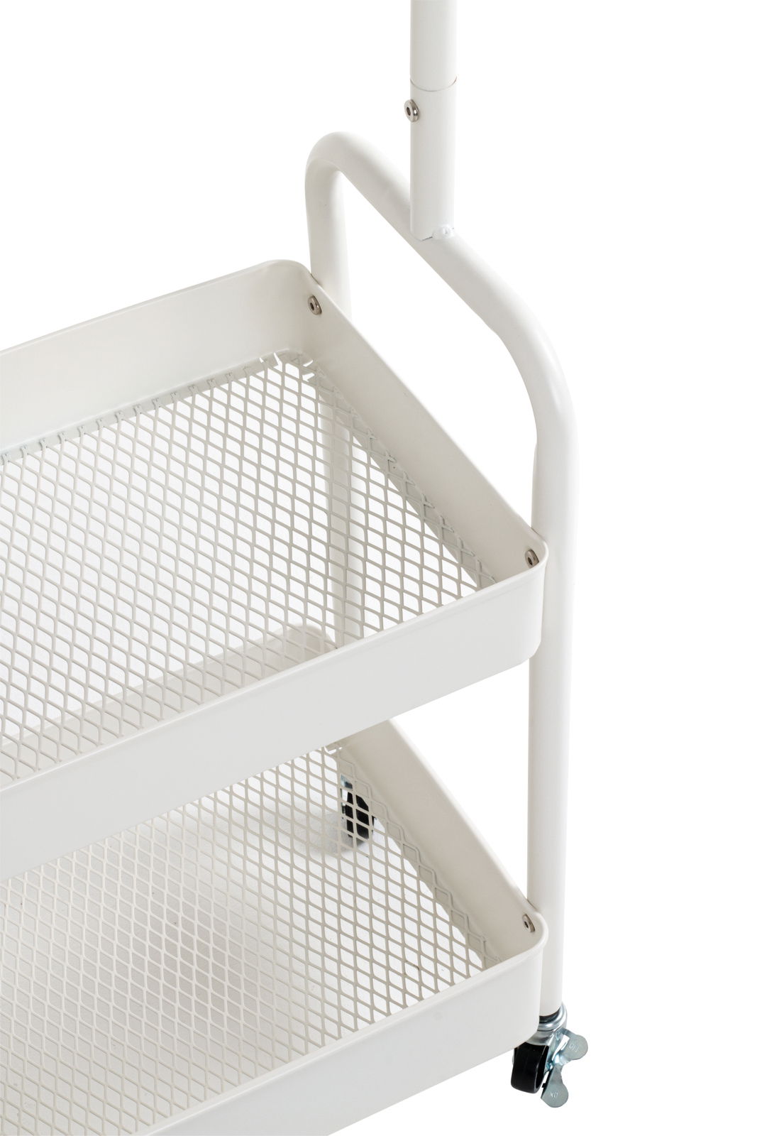 Nahaufnahme einer weißen Rollgarderobe mit zwei Gitterablagen und Rollen, seitliche Perspektive.