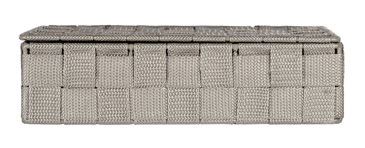 Rechteckiger Badorganizer in geflochtener Optik, seitliche Perspektive, in neutralem Grau.