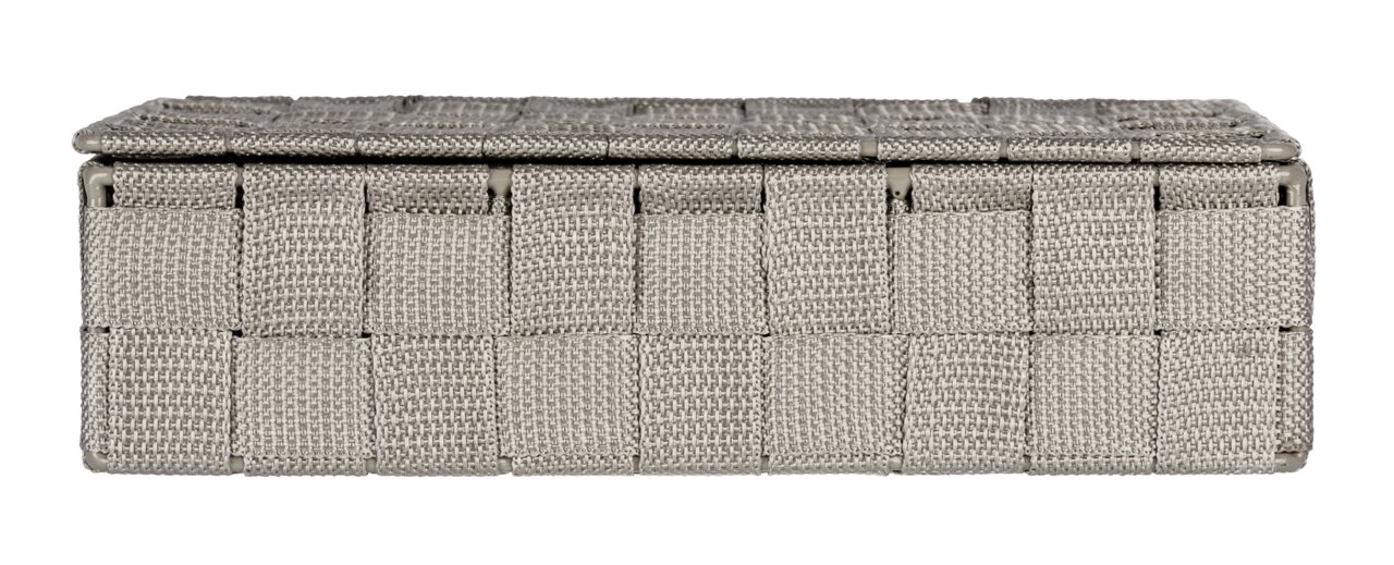 Rechteckiger Badorganizer in geflochtener Optik, seitliche Perspektive, in neutralem Grau.
