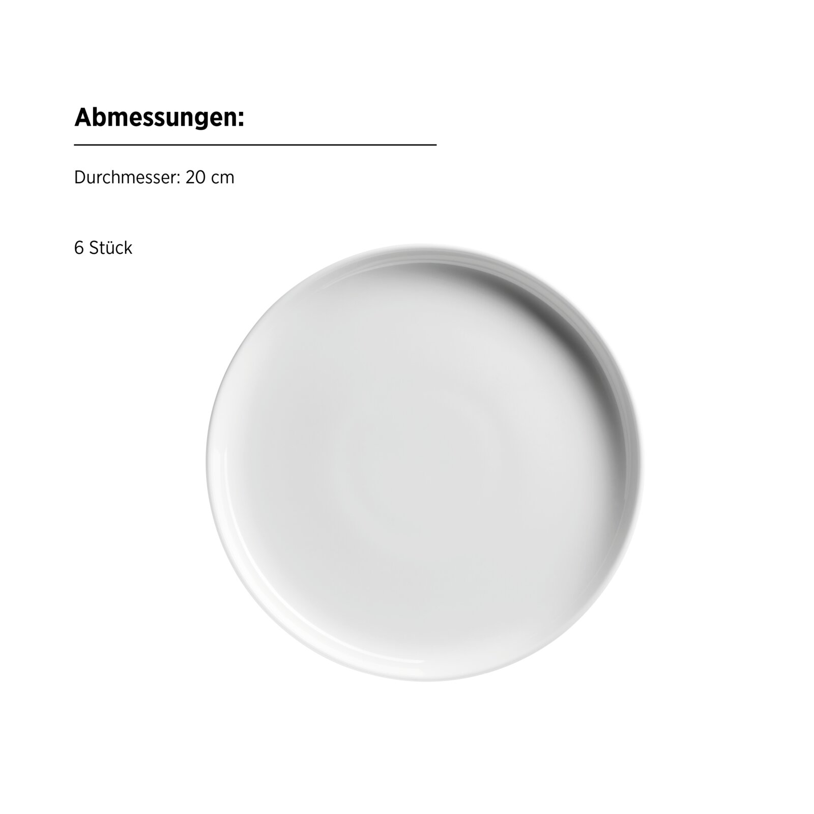 Weißer runder Teller (Durchmesser 20 cm, 6 Stück) freigestellt auf weißem Hintergrund, Draufsicht von oben.