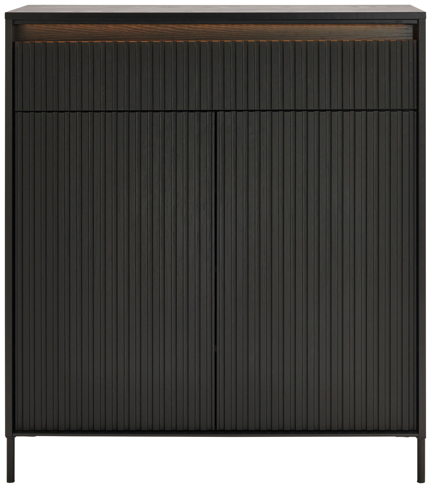 Moderner schwarzer Schuhschrank mit vertikalen Linien, Frontalansicht