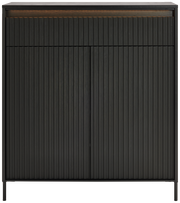 Moderner schwarzer Schuhschrank mit vertikalen Linien, Frontalansicht