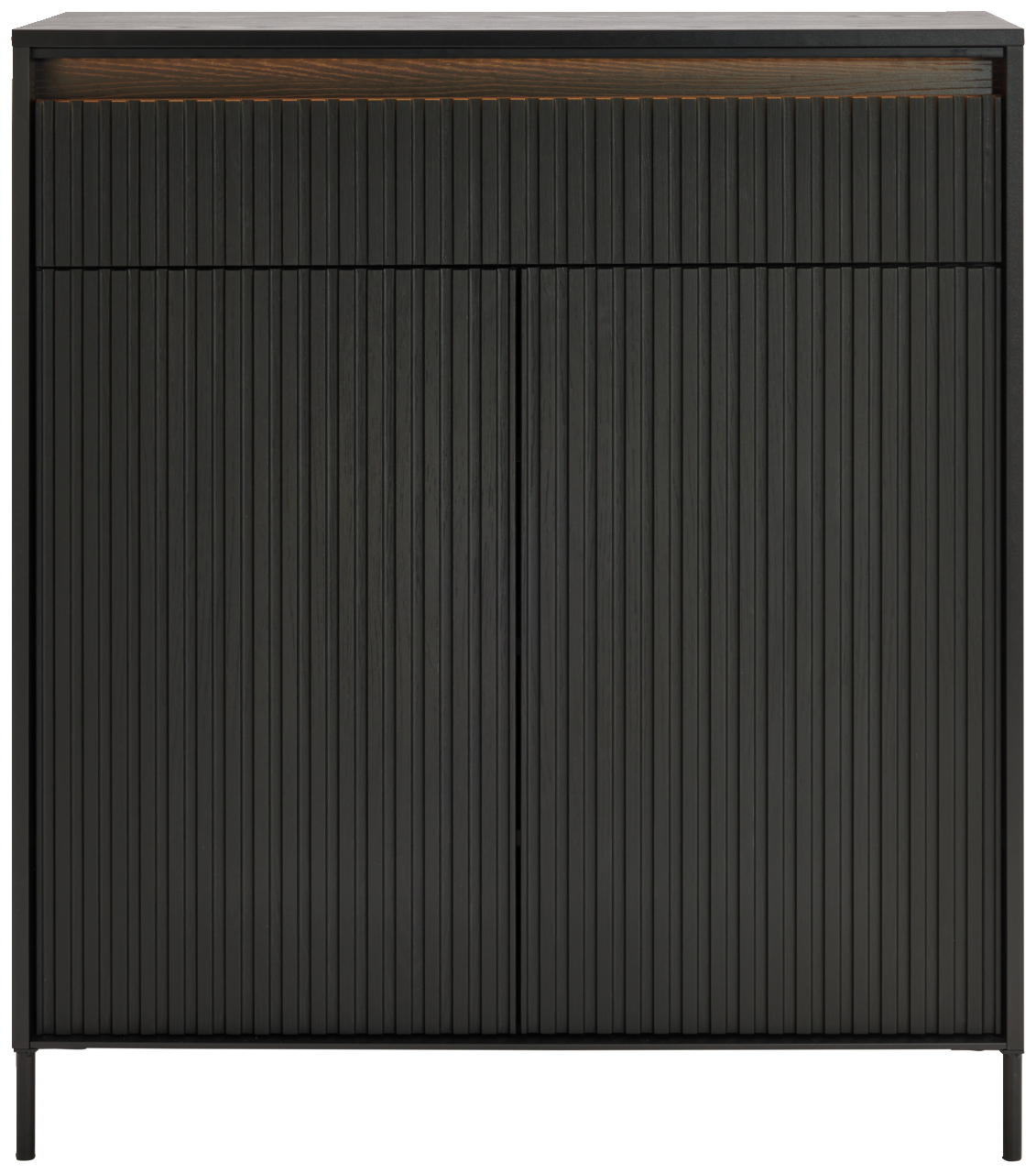 Moderner schwarzer Schuhschrank mit vertikalen Linien, Frontalansicht