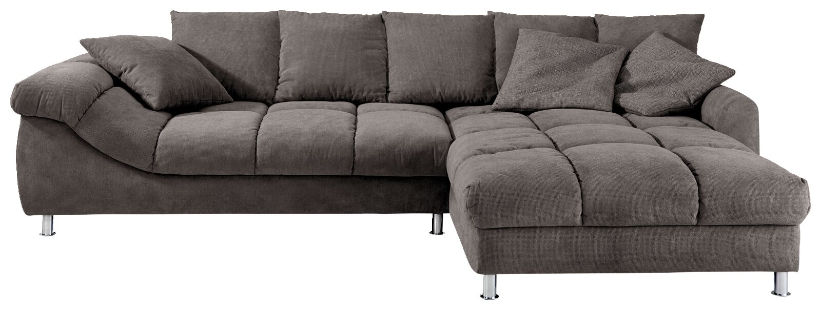Graues Ecksofa mit weichen Kissen, Vorderansicht