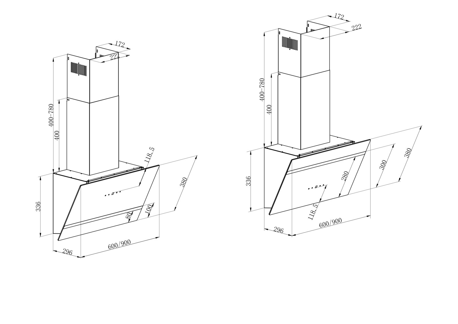 Technische Maßzeichnung einer schrägen Wand-Dunstabzugshaube mit Kamin, dargestellt in isometrischer Schrägansicht (links und rechts), mit Maßangaben u. a. für Breite 600/900 mm und Kaminhöhe 400–780 mm.