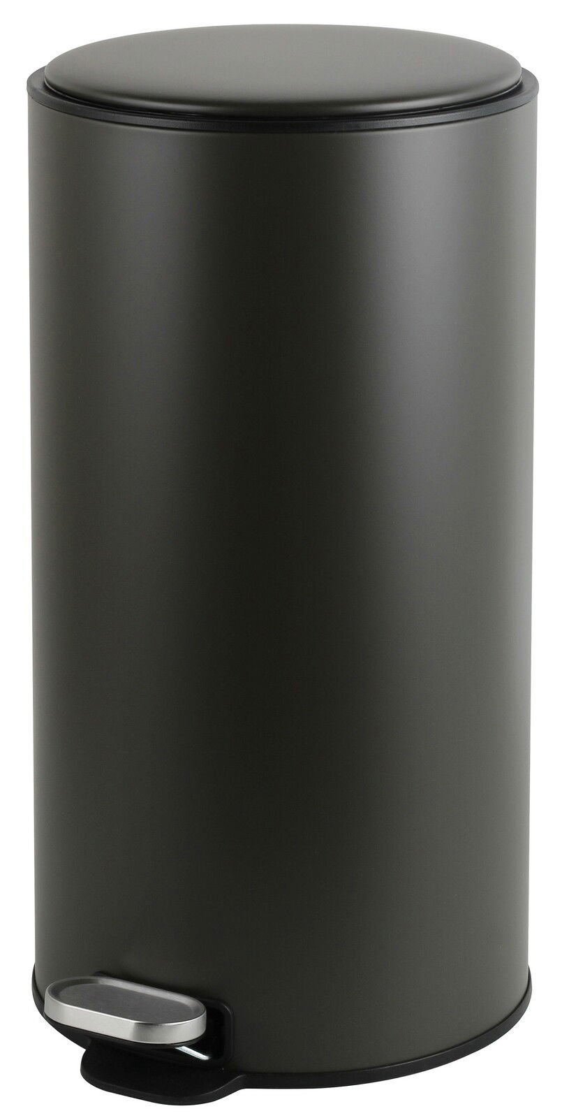Schwarzer zylindrischer Abfalleimer mit Pedal, seitliche Perspektive