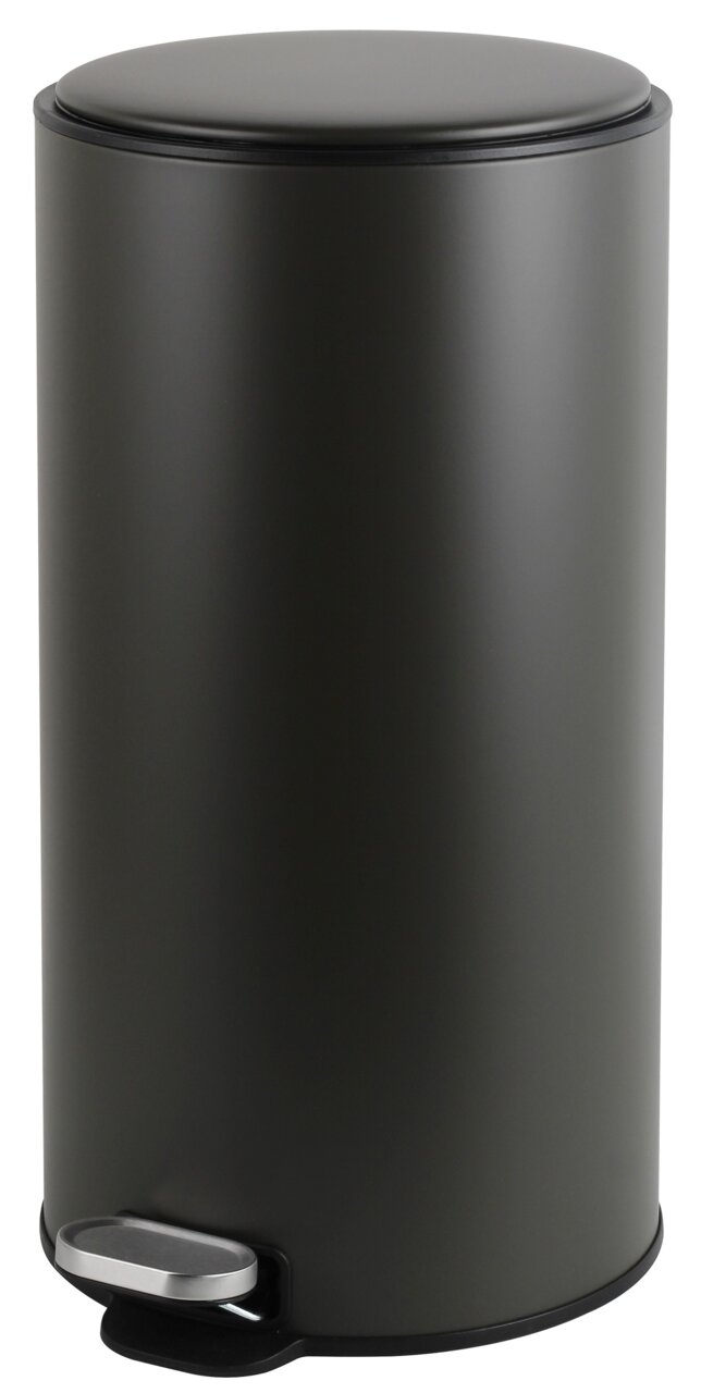 Schwarzer zylindrischer Abfalleimer mit Pedal, seitliche Perspektive