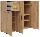 Kommode aus Holz mit geöffneter Perspektive, zeigt Schubladen und Regalfächer