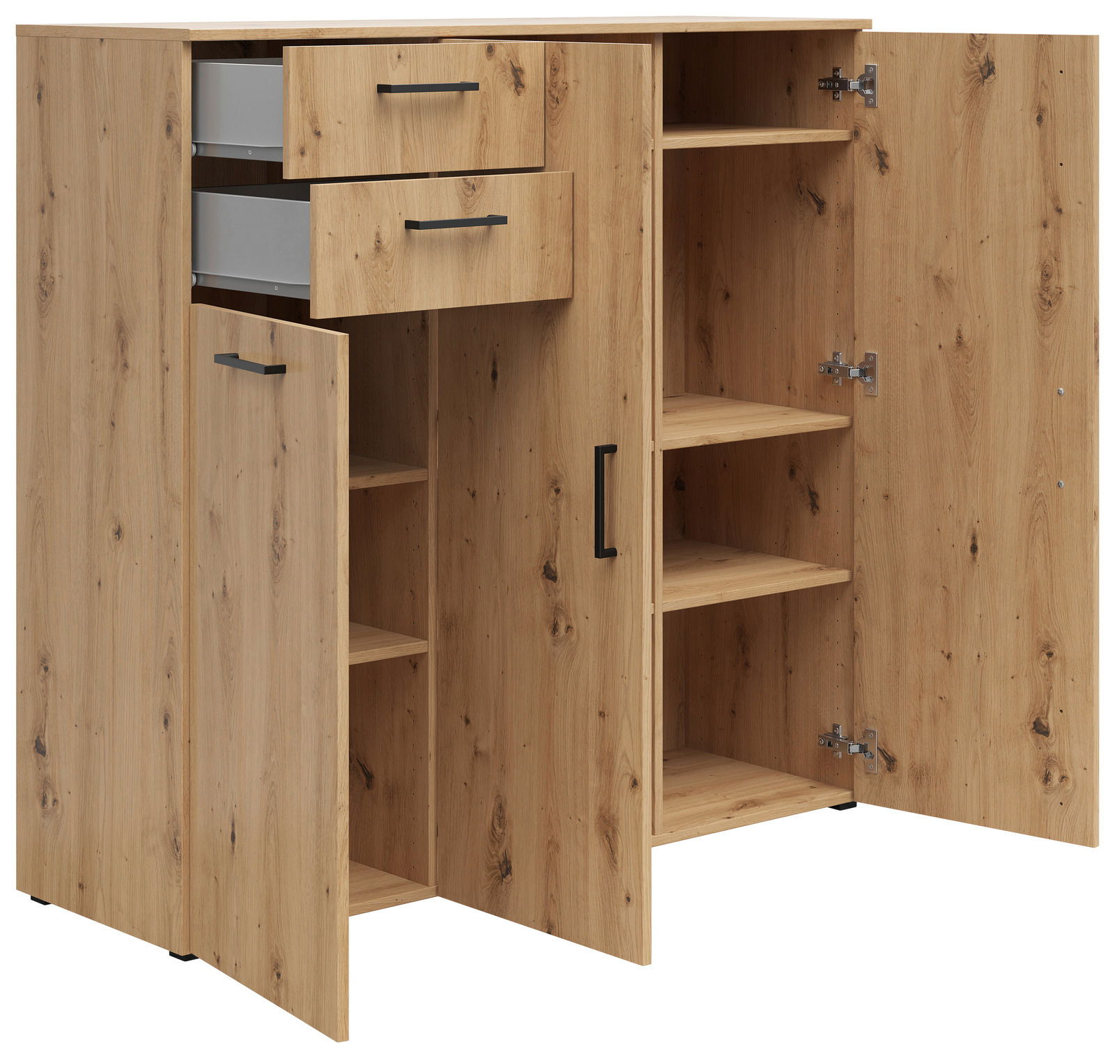 Kommode aus Holz mit geöffneter Perspektive, zeigt Schubladen und Regalfächer