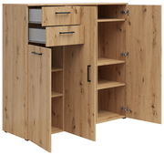 Kommode aus Holz mit geöffneter Perspektive, zeigt Schubladen und Regalfächer