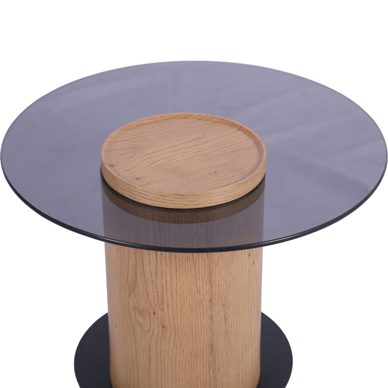 Moderner Beistelltisch mit runder Glasplatte und Holzsockel, Ansicht von oben.
