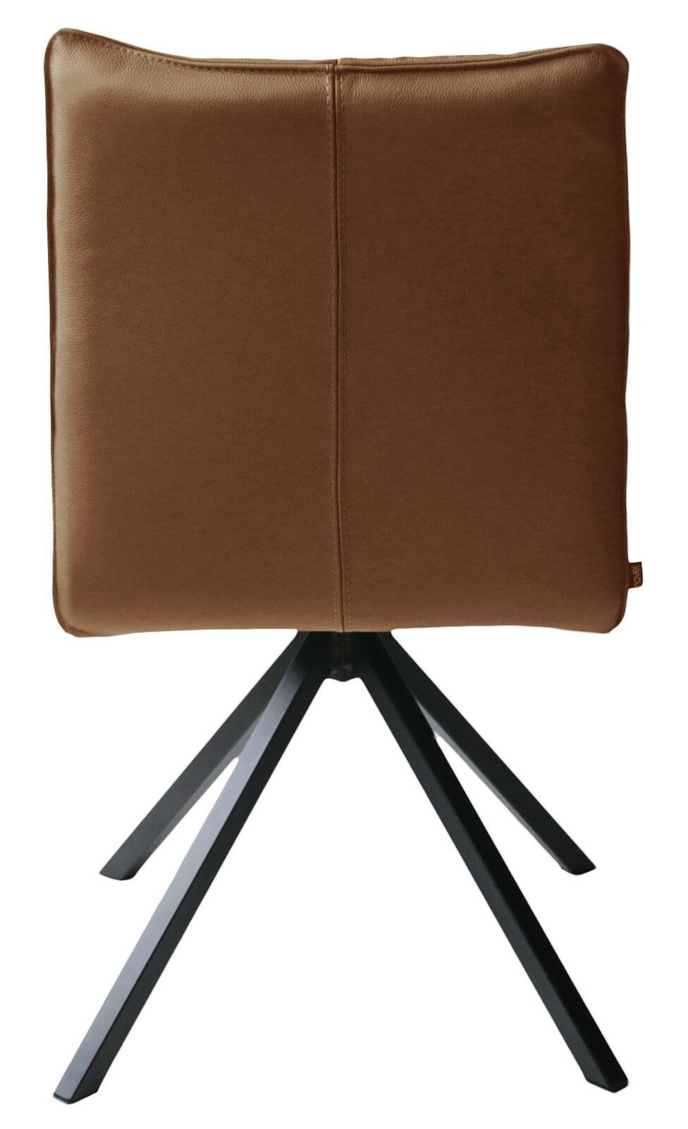 Rückansicht eines modernen Stuhls mit brauner Polsterung und schwarzem Metallgestell.