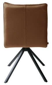 Rückansicht eines modernen Stuhls mit brauner Polsterung und schwarzem Metallgestell.