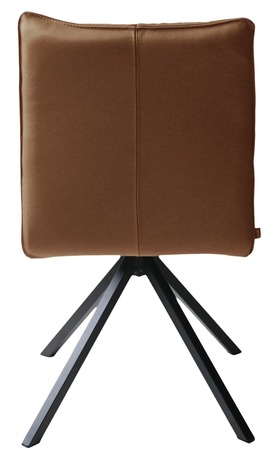 Rückansicht eines modernen Stuhls mit brauner Polsterung und schwarzem Metallgestell.