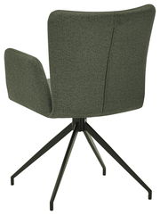 Rückansicht eines grünen Armlehnstuhls mit vierbeinigem Metallgestell