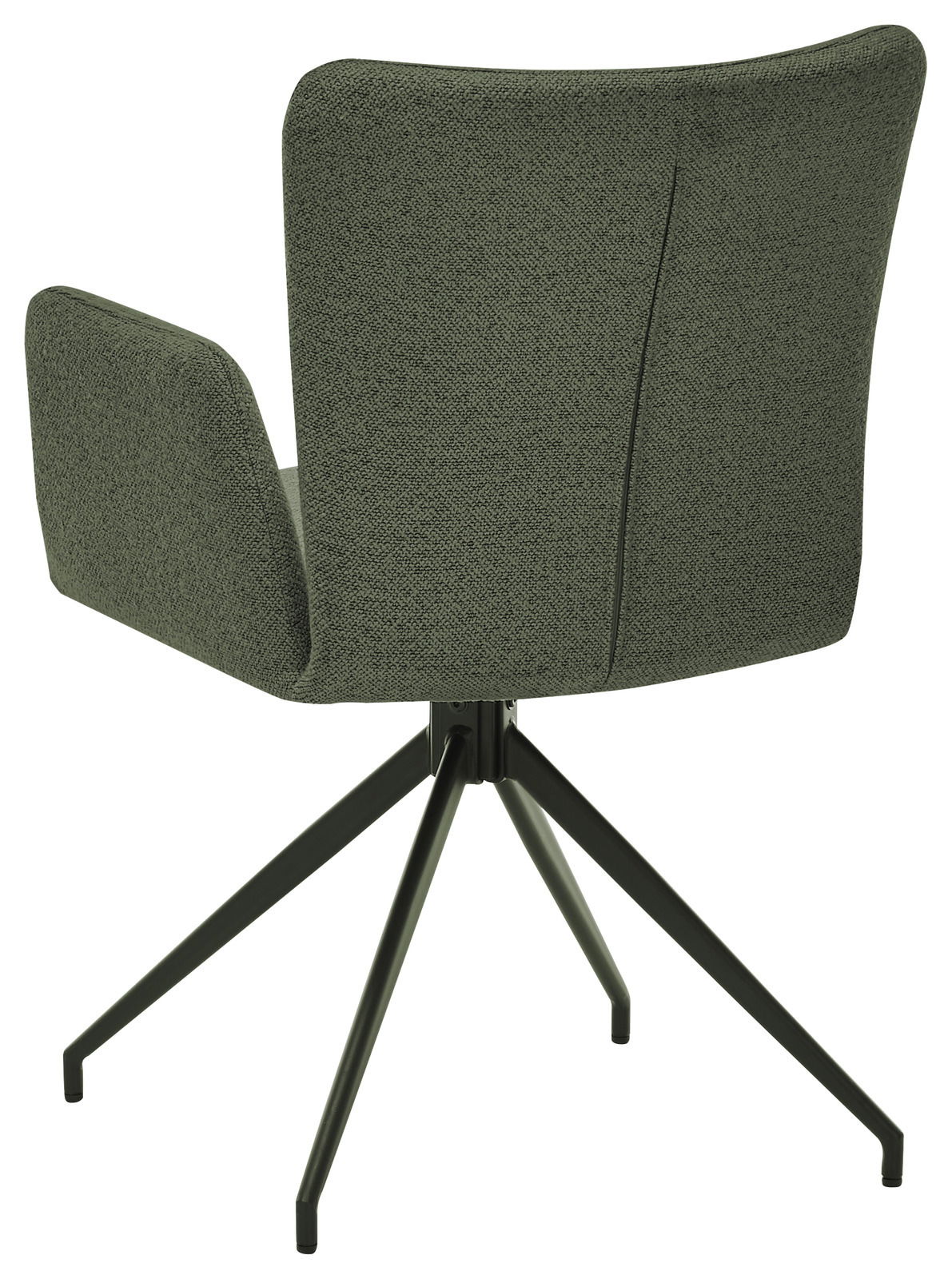 Rückansicht eines grünen Armlehnstuhls mit vierbeinigem Metallgestell