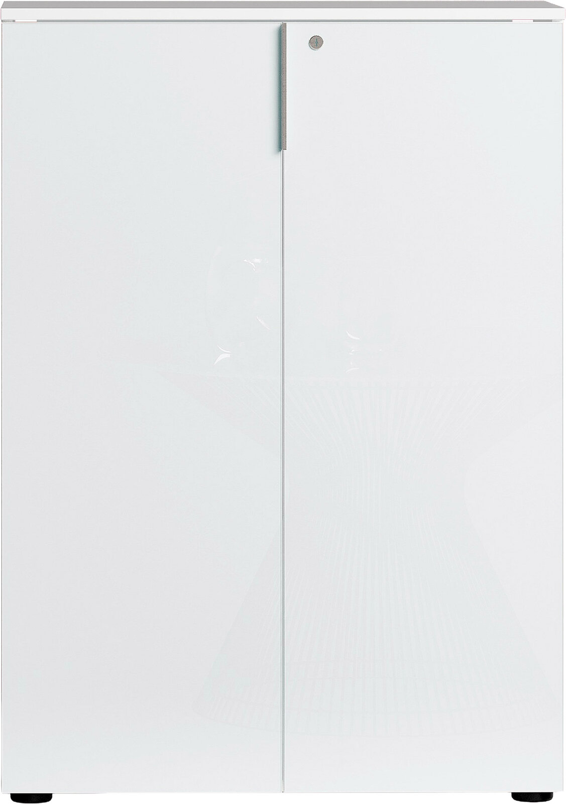 Weißer, niedriger Aktenschrank mit zwei Türen, frontal fotografiert.