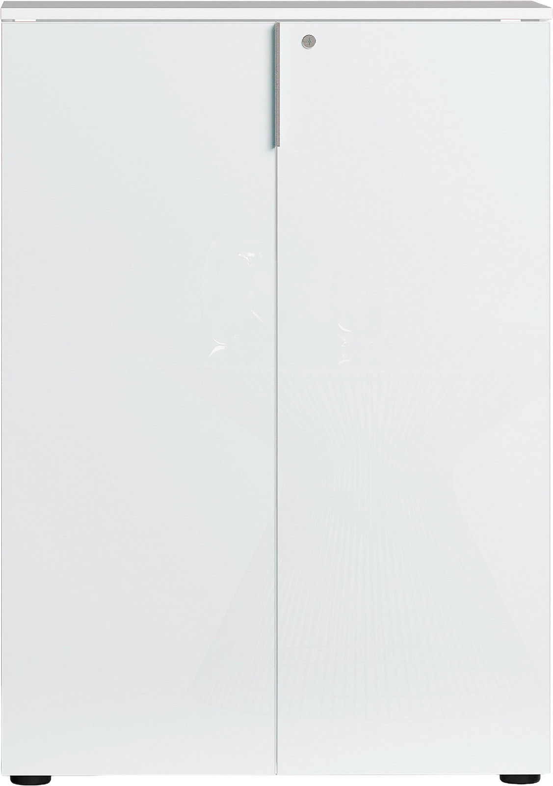 Weißer, niedriger Aktenschrank mit zwei Türen, frontal fotografiert.