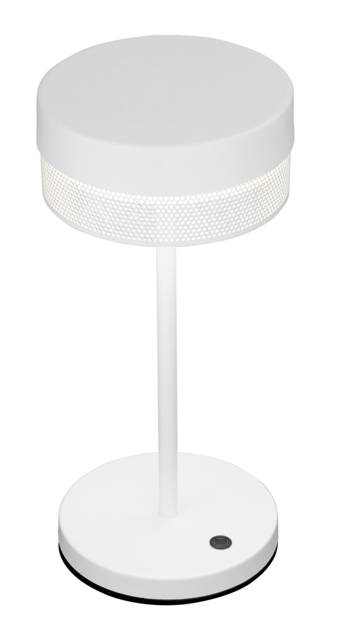 Weiße Akkuleuchte MESH mit rundem Lampenschirm und perforiertem Design, seitliche Perspektive