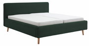 Polsterbettgestell in dunkelgrünem Stoff mit Holzfüßen, seitliche Perspektive