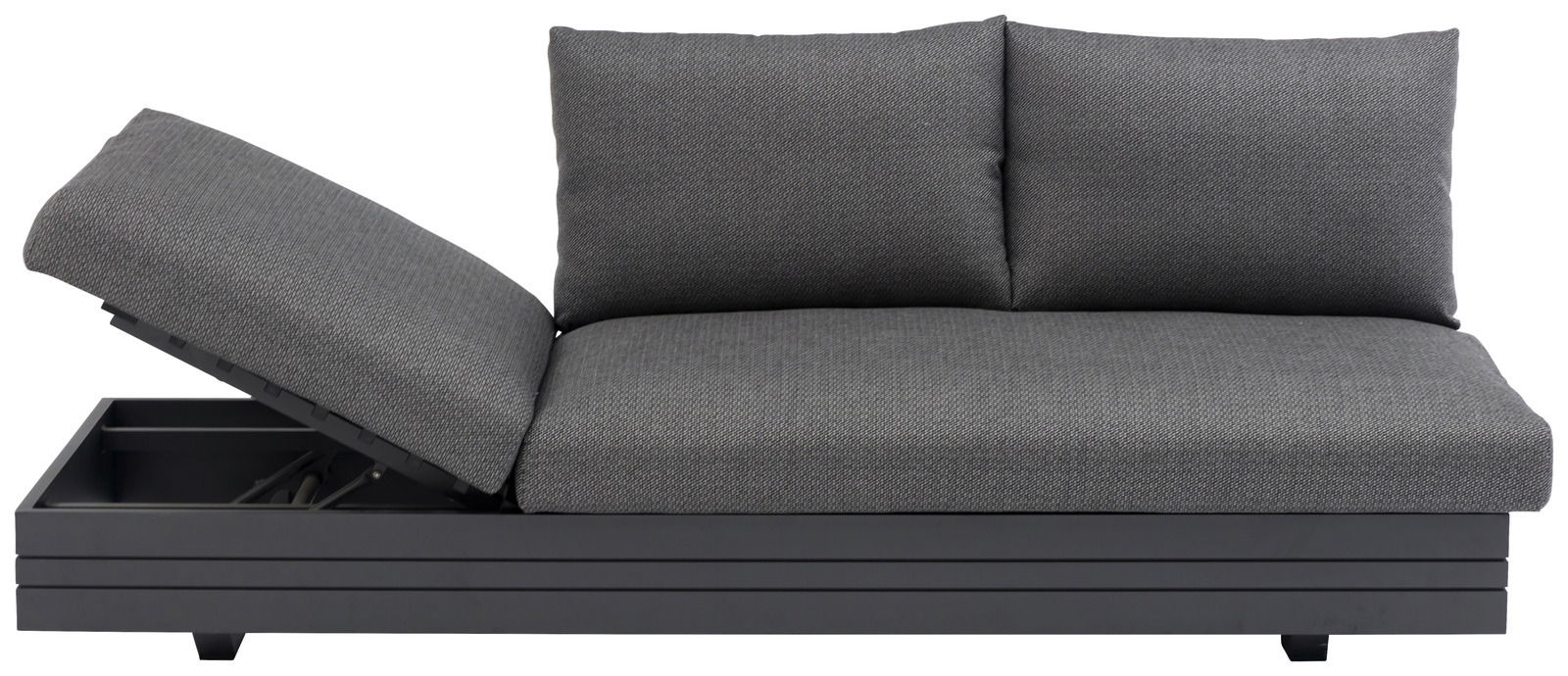 Graues 3-Sitzer Loungeelement mit verstellbarer Rückenlehne, seitliche Perspektive