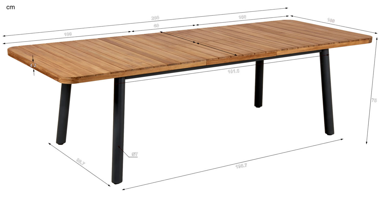 Gartenausziehtisch aus Holz mit schwarzen Beinen, seitliche Perspektive