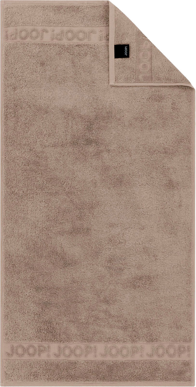 Beiges JOOP! Frottier-Handtuch mit eingewebter Logo-Bordüre, flach von oben als Frontansicht fotografiert, Ecke umgeschlagen und Markenlabel sichtbar.
