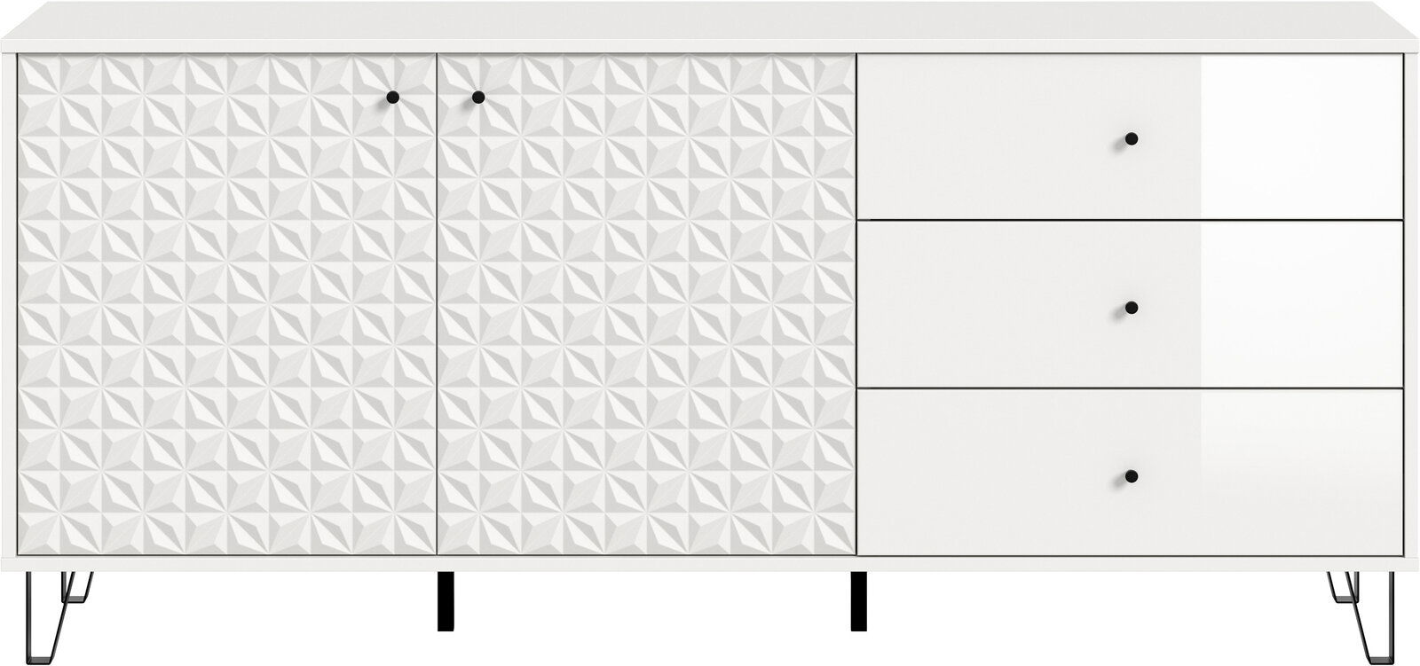 Weiße Sideboard-Kommode mit 3D-geprägten Türen links, drei glatten Schubladen rechts, schwarzen Knöpfen und schwarzen Metallbeinen, Frontansicht.