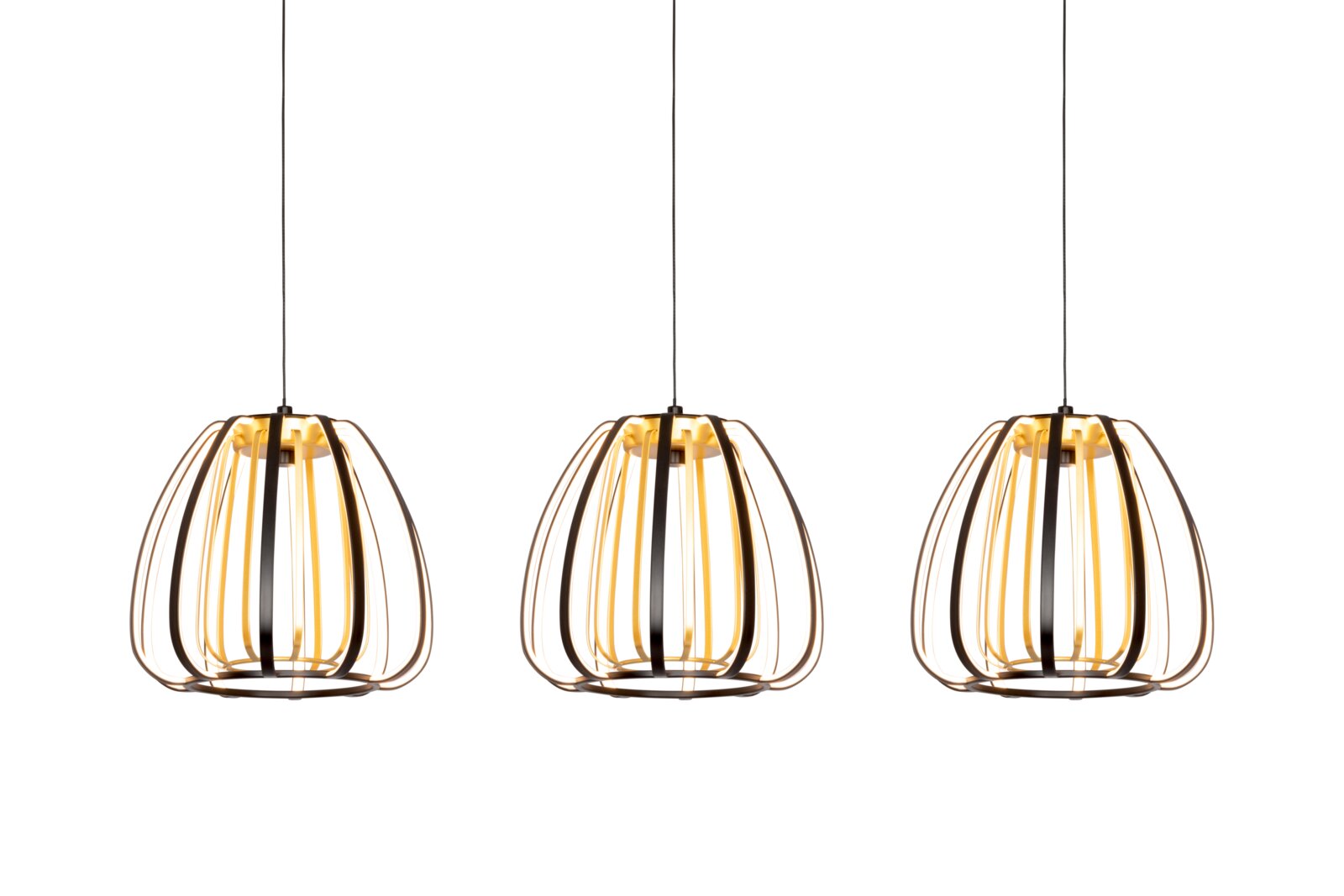 Drei moderne LED-Hängeleuchten mit schwarzem und goldenem Gitterdesign, frontal betrachtet.