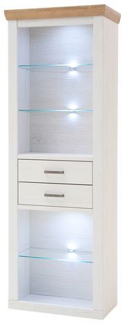 Weißes Kombi-Regal mit Holzoberfläche, Glasböden und integrierter Beleuchtung, frontal betrachtet.