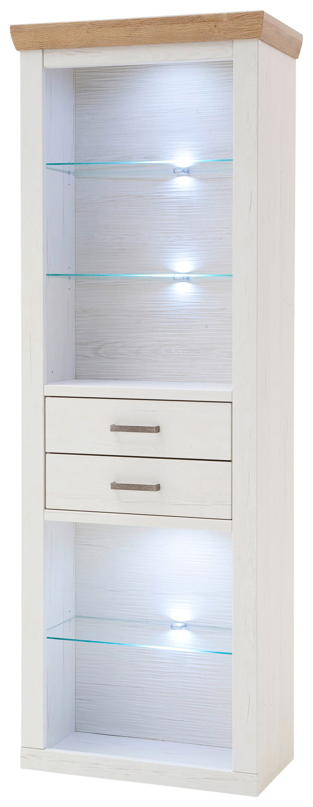 Weißes Kombi-Regal mit Holzoberfläche, Glasböden und integrierter Beleuchtung, frontal betrachtet.