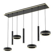 Moderne zwarte LED-hanglamp met rechthoekige plafondplaat, drie lichtringen en vier slanke cilinderlampen, schuin van onderen gezien