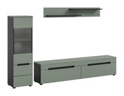Modernes Wohnzimmermöbel-Set in Salbeigrün und Anthrazit mit Vitrine, Lowboard und Wandboard, Frontansicht in leichter Perspektive von schräg vorn