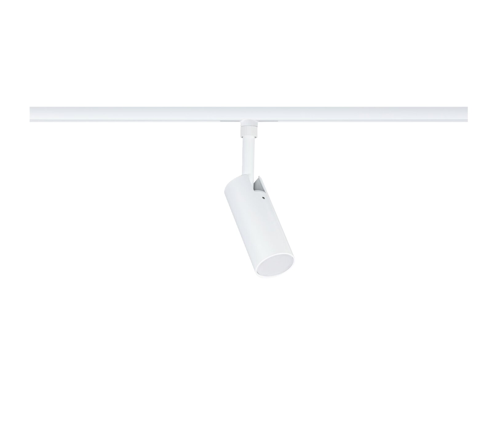 Weißer zylindrischer LED-Schienenstrahler an Decken-Stromschiene, schräg nach unten ausgerichtet, freigestellt auf weißem Hintergrund (Perspektive: leicht von unten/Frontansicht).