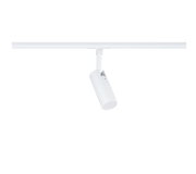 Weißer zylindrischer LED-Schienenstrahler an Decken-Stromschiene, schräg nach unten ausgerichtet, freigestellt auf weißem Hintergrund (Perspektive: leicht von unten/Frontansicht).