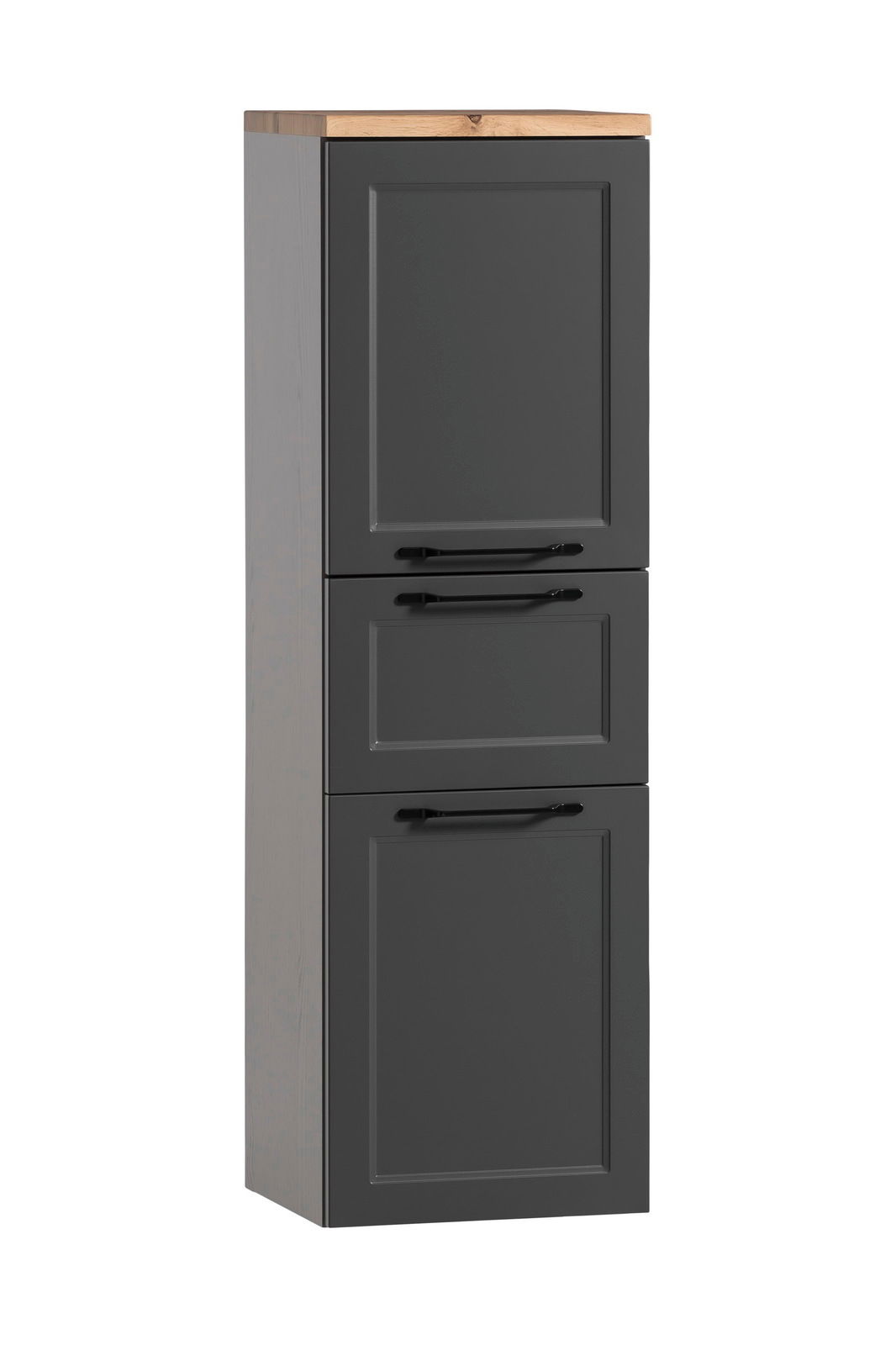 Moderner Midischrank in dunklem Grau mit Holzplatte, Frontalansicht
