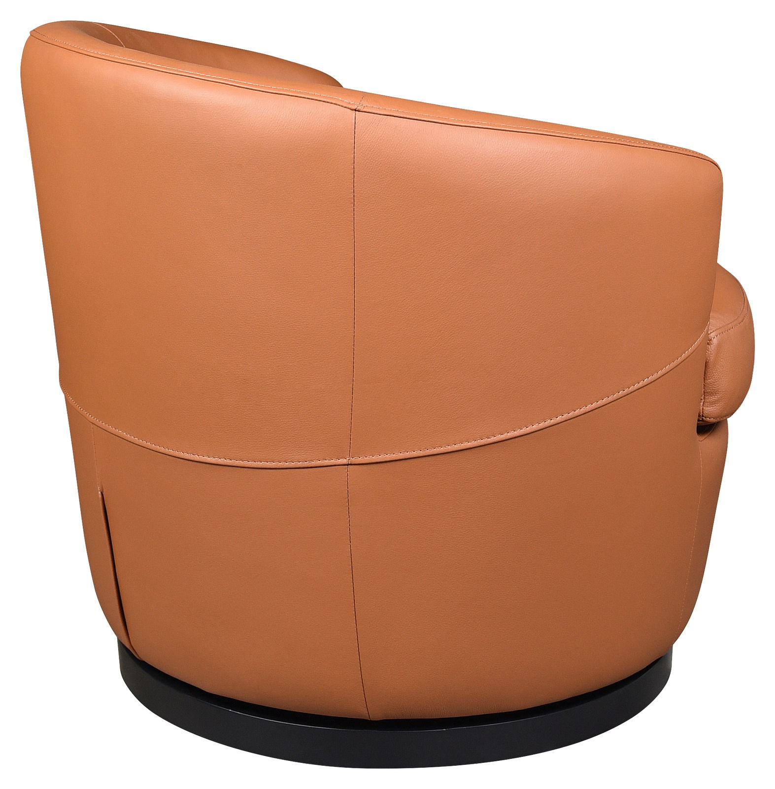 Rückansicht eines modernen, braunen Ledersessels mit runder Basis.