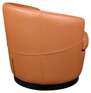 Rückansicht eines modernen, braunen Ledersessels mit runder Basis.