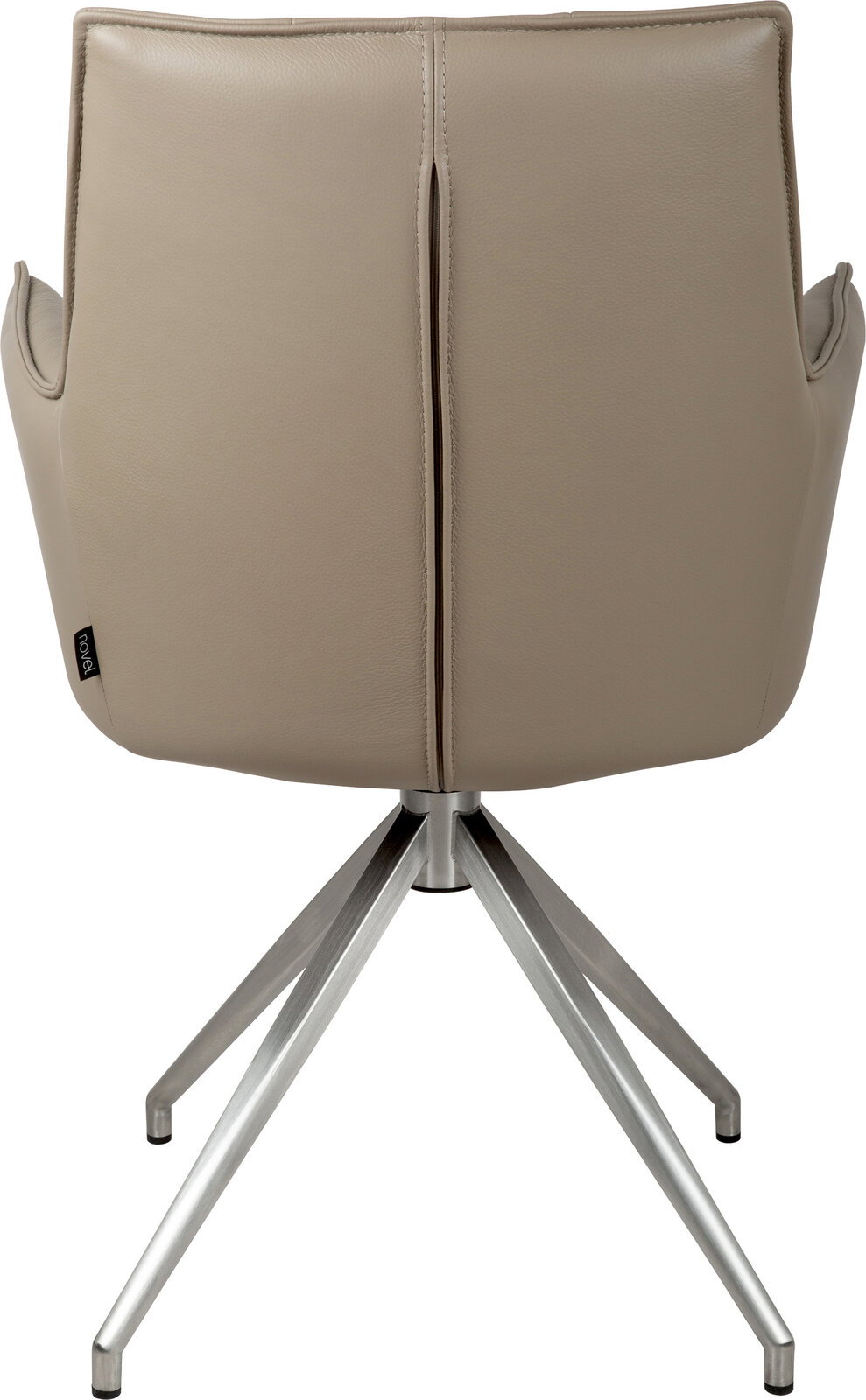 Beiger, gepolsterter Drehstuhl mit Armlehnen und Metall-Sternfuß, Rückansicht