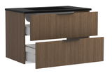Waschtisch-Set mit zwei Schubladen in Holzoptik und schwarzer Waschbeckenoberfläche, seitliche Perspektive