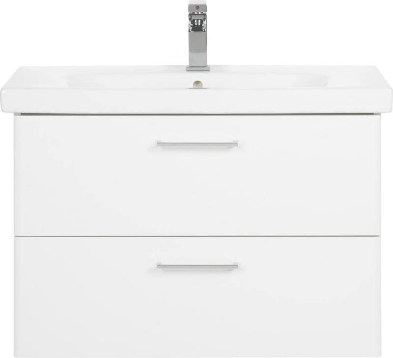 Frontale Ansicht eines modernen weißen Waschtischs mit zwei Schubladen und einem Wasserhahn.