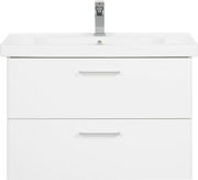 Frontale Ansicht eines modernen weißen Waschtischs mit zwei Schubladen und einem Wasserhahn.